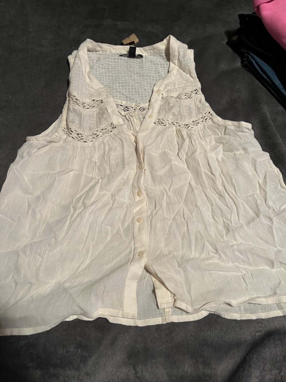 American Eagle Outfitters Cream Lace Yoke Button-Front Tank